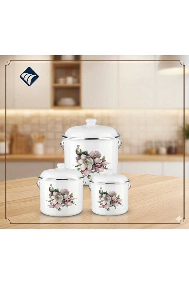 Floral Print Set of 3 Large Size Bakraç Yogurt and Nut Containers 26-28-30 cm