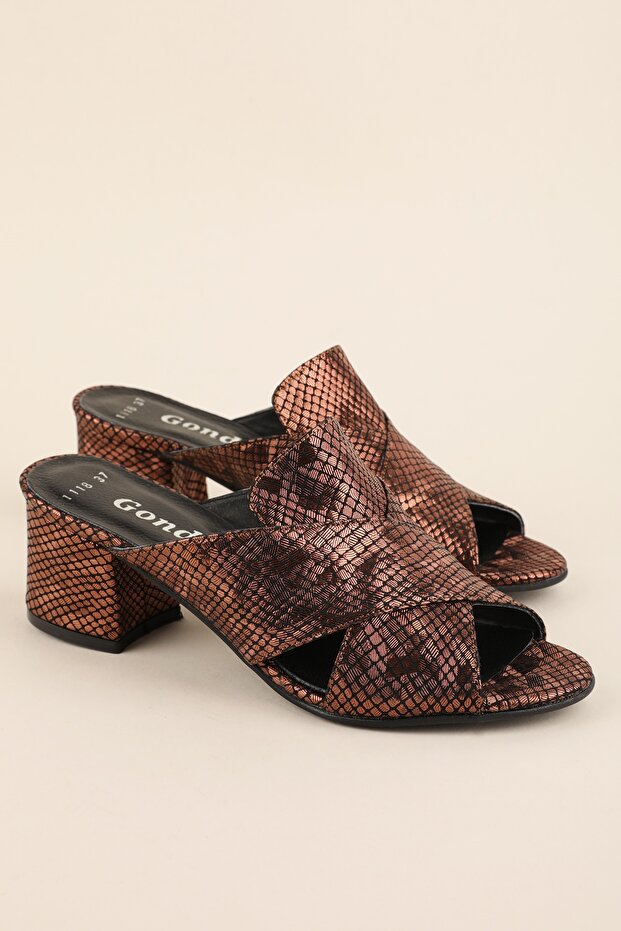 Women's Genuine Leather Mid Boots Heeled Slipper Shhn.1198 Copper