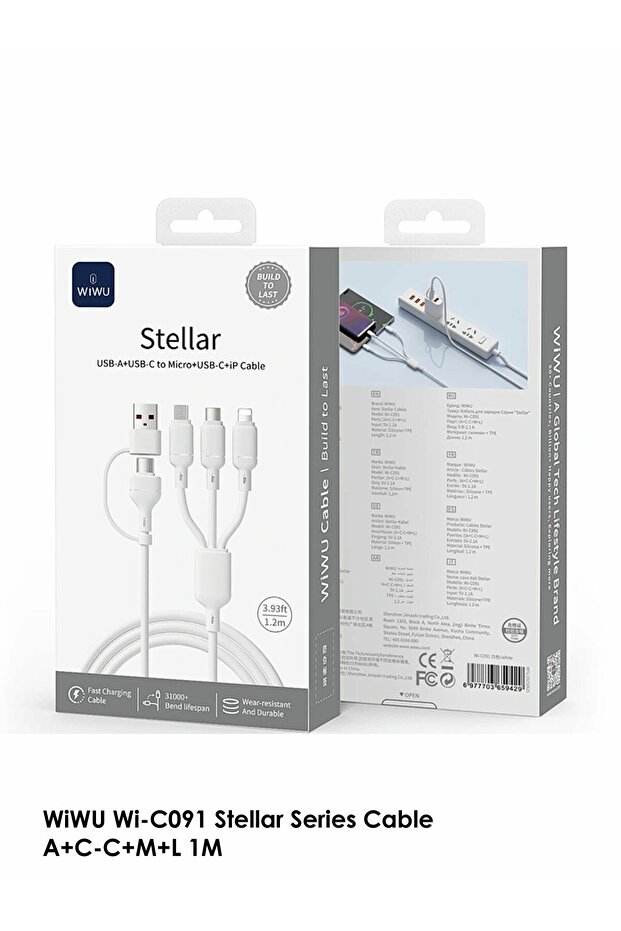 Wi-C091 Stellar USB-A to Type-C and Type-C to Lightning to Micro Cable - White