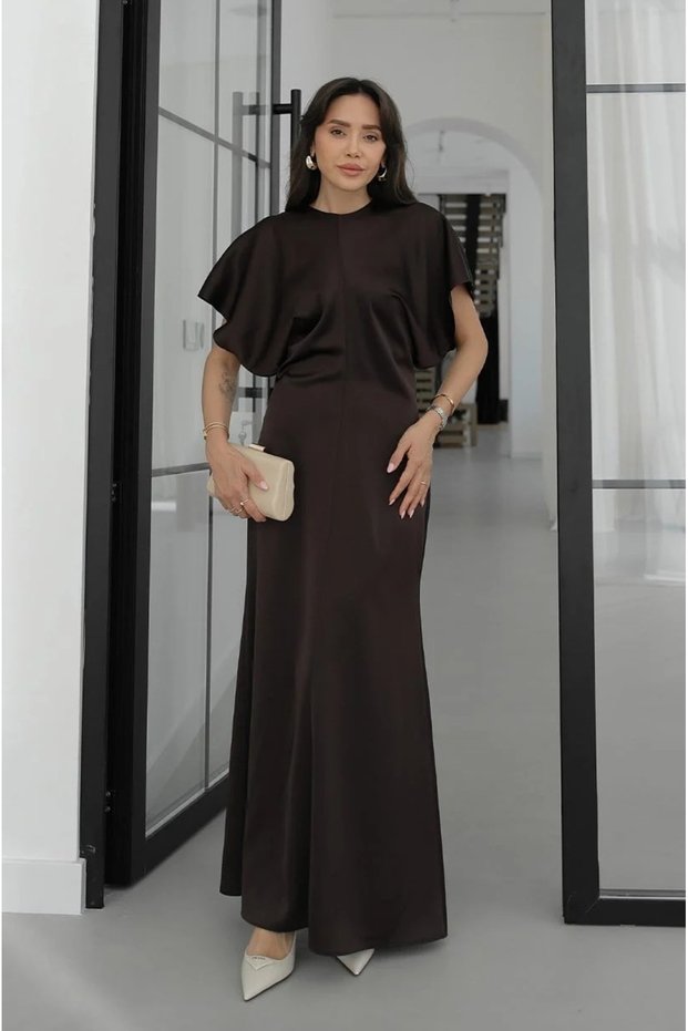Brown Waist-Fitted Long Satin Dress - 2488