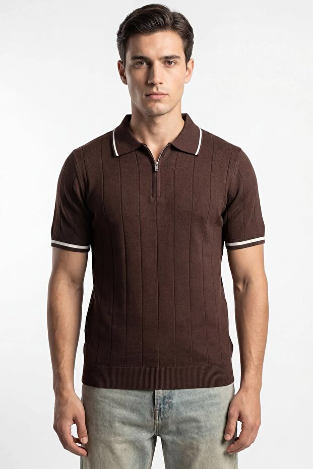 Striped Patterned Zippered Polo Collar Regular Fit Knitted Fine Knit Men's T-Shirt