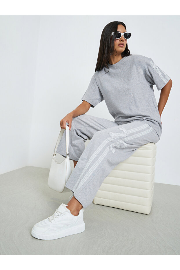Grey Lace Detail Wide Leg Joggers