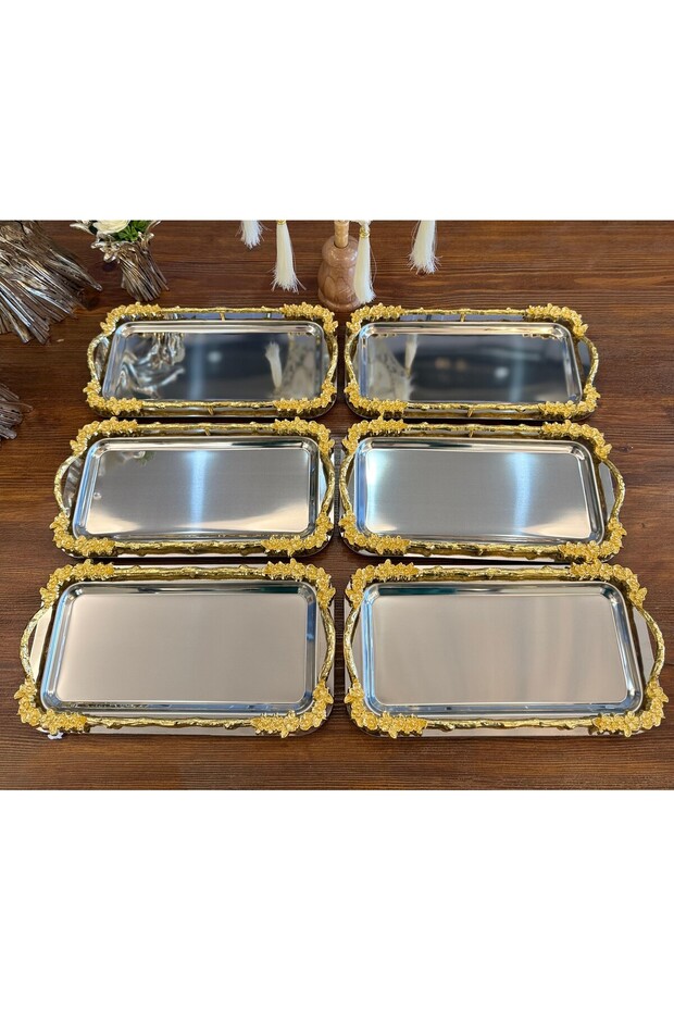 2 Pieces Baton Japanese Rose Silver Presentation Tray & Coffee & Cake/Pastry Serving Tray 32cm