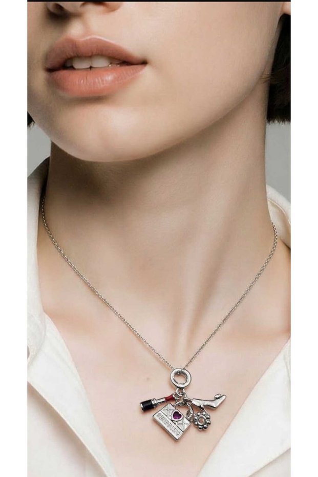 Meyra 316L Steel Women's Necklace - Lipstick Shoes Shopping Themed Silver Color Charm Necklace Tarnish Resistant Gift