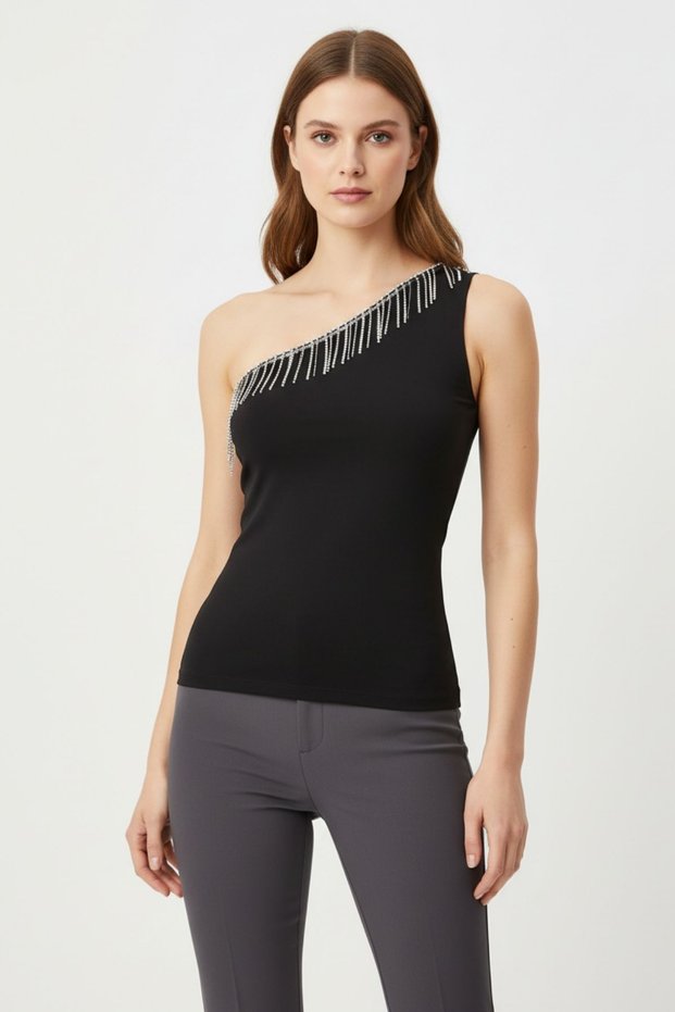 Black Chain Detail Strap Blouse 15049