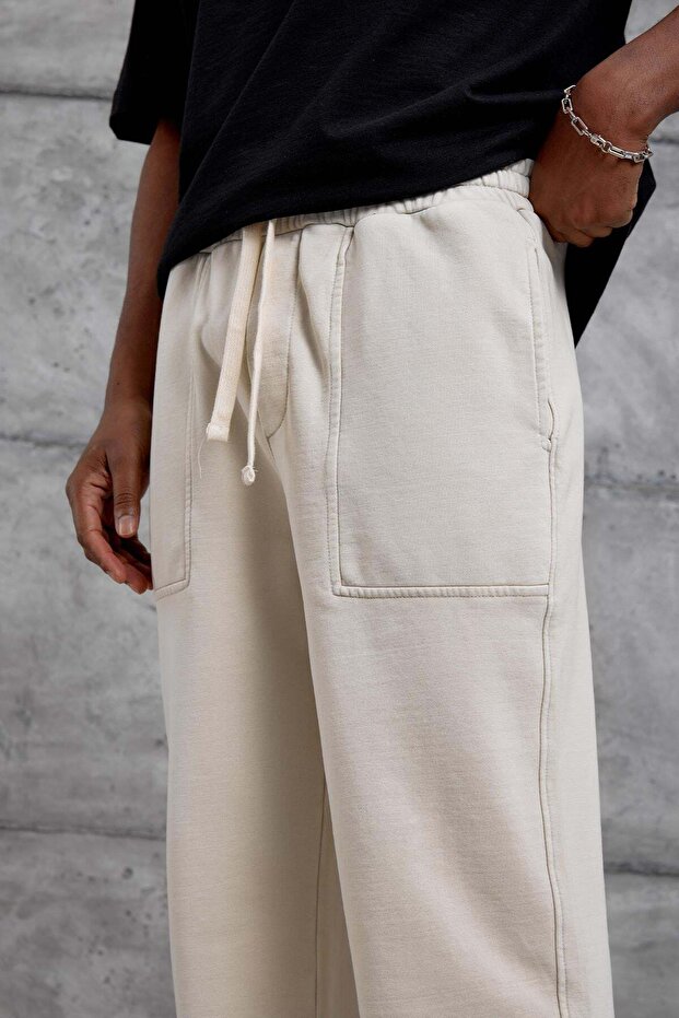 Cream Kare Cep Basic Washable Sweatpants - 2