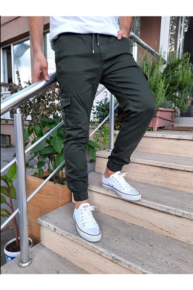 Slim Fit None Denim Side Pockets Waist Lace up Elasticized Legs Stretchy Fabric Men's Cargo Pants