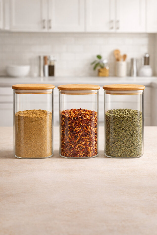 Bamboo Borosilicate 1500ml Heat-Resistant Jar Set with Lid, 3-Piece Set Kw-524