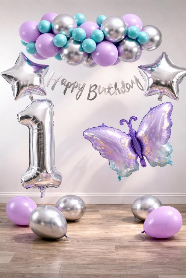 Lilac Butterfly Themed 1St Birthday Balloon Decoration Set – Lilac Silver Party Decoration Set