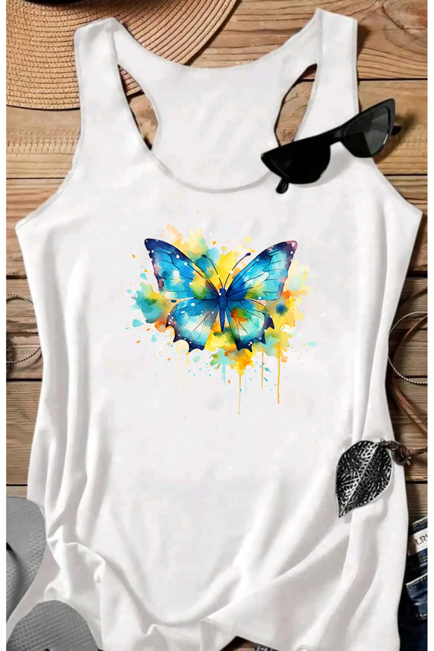 Colorful Butterfly B Printed Women's Sleeveless Swimmer Athlete Tshirt