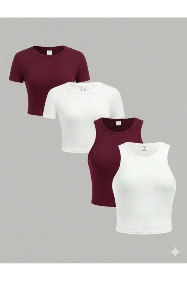Women's 4-Pack Corded Fabric Ribbed Knit Cotton Pack Body-Fitting Crew Neck T-Shirt-Tank Top Set C Cropped Blouse