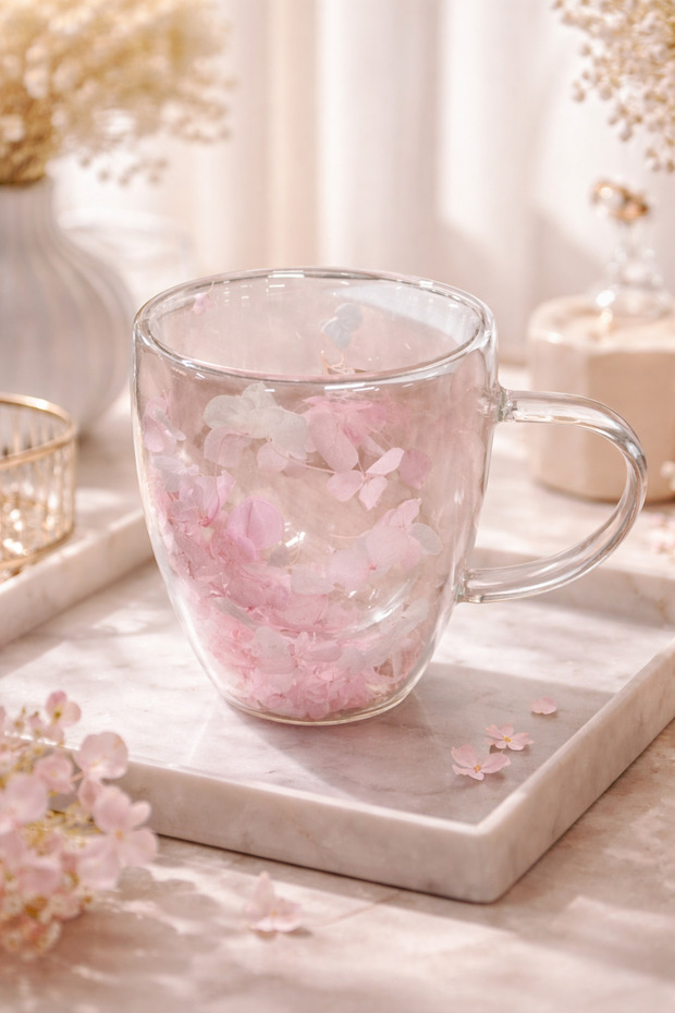 Pink and White Floral Double Wall Glass Mug, 350 Ml, 11 cm X 8 cm