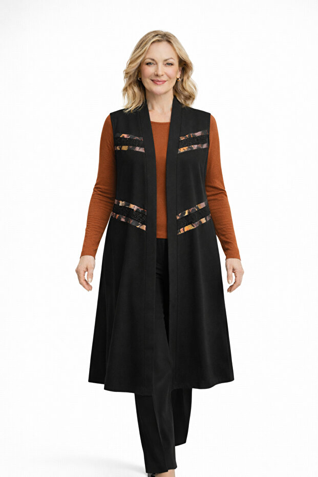 Women's Middle Age Patterned Comfortable Fit Ruffled Combed Cotton Mother Long Vest 4325