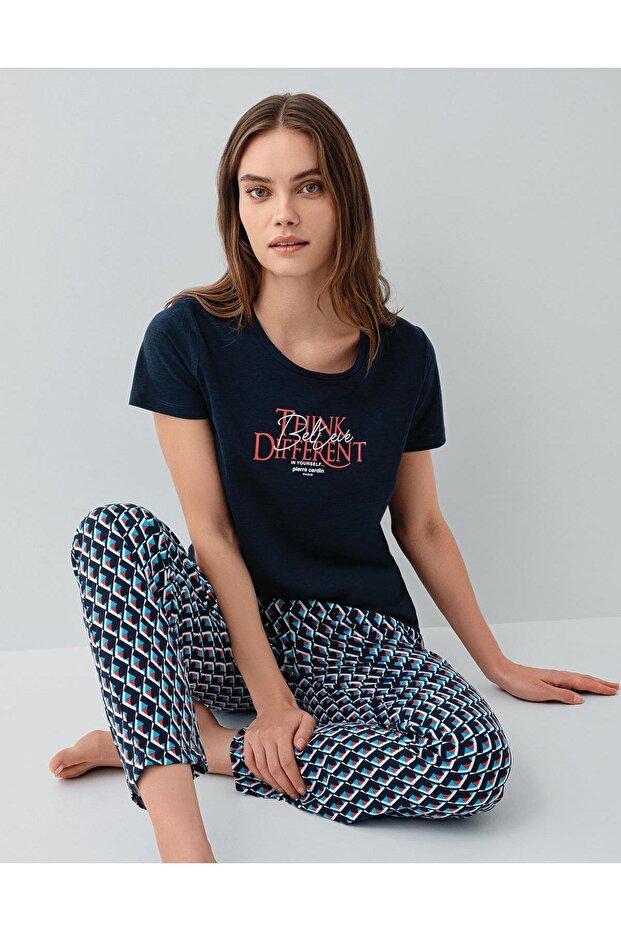 Women's Summer Short Sleeve Pajamas Set – 50% Modal 50% Cotton, Patterned Long Bottom, Printed