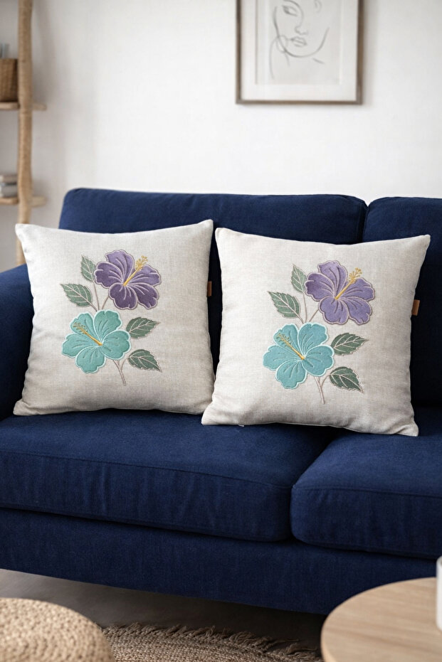Embroidered Linen Mixed Floral Print 2-Piece Set of Cushion Cover (45X45Cm)