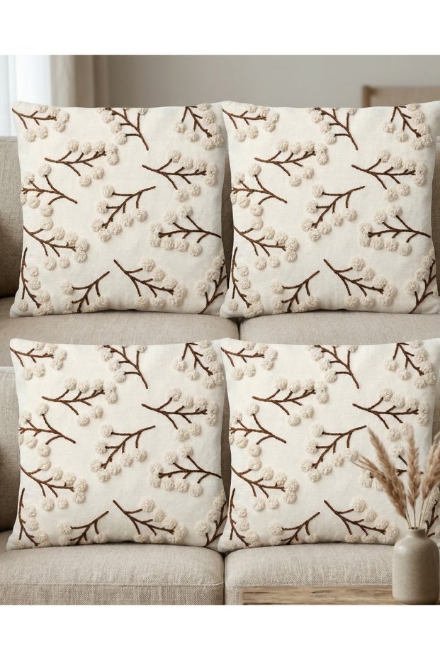Beige Ground Dal Patterned Punch Embroidery Appearance Set of Digital Print of 4, Set of Cushion Cover