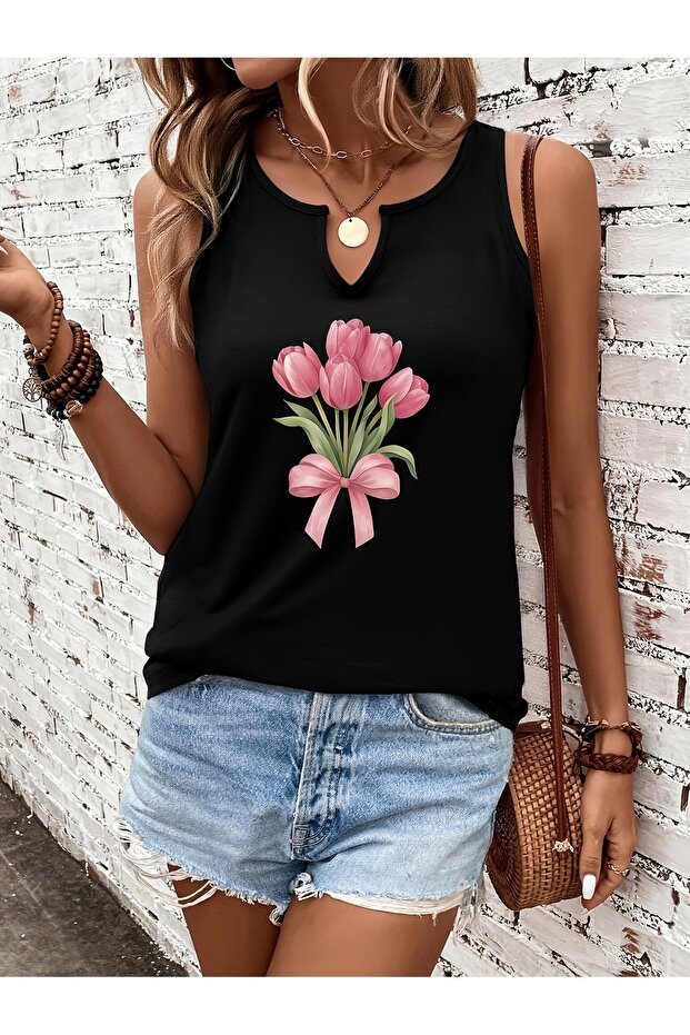 Women's Floral Printed Half V-Neck Sleeveless Regular Fit Casual T-Shirt