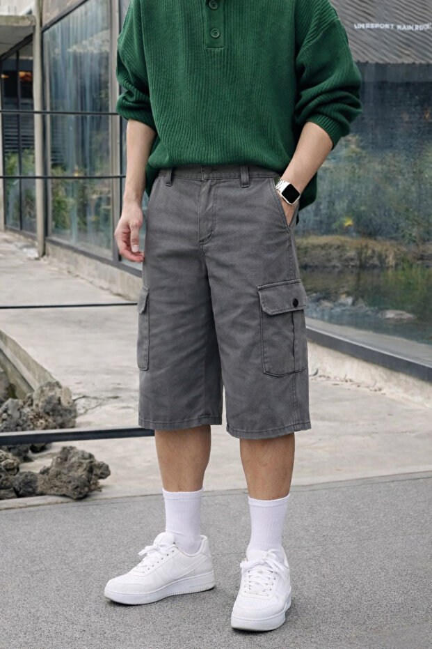 Men's Trend High Waist Long Smoked Cargo Pocket Shorts