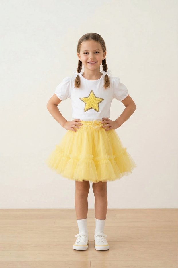 Girl's Yellow Star T-Shirt Yellow Ruffle Tutu Skirt April 23Rd Show Outfit