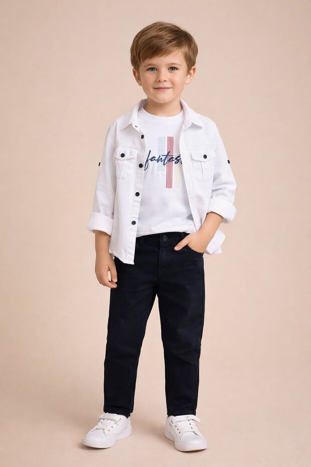 Ecru Long Sleeve Buttoned Shirt and T-Shirt Boys' 3-Piece Trouser Set 23758
