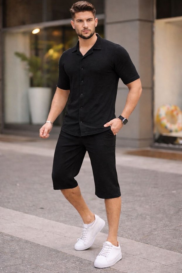 Waffle Men's Shorts Shirt Set Cotton Pieces Textured Quality Slim Fit Pattern Summer T-Shirt