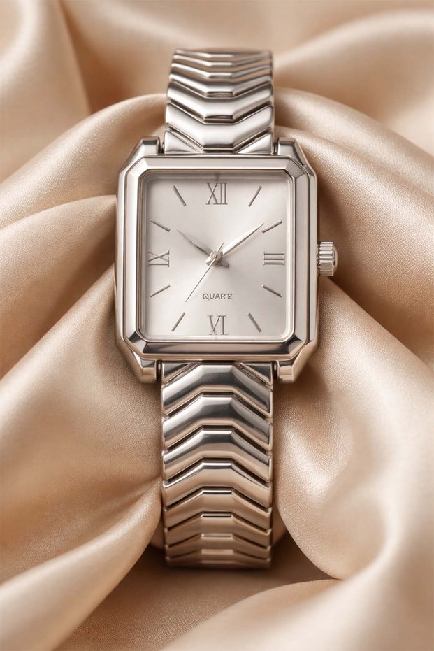 Beige Silver Color Special Design Cord Rectangular Dial Lux Premium Women's Wristwatch