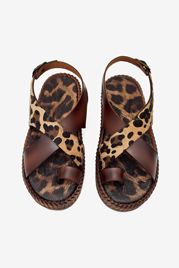 Women's Tan Leopard PU Sole Comfortable Fit Cross-Strapped Flip Flops Sandals