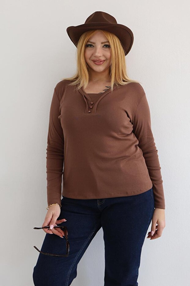 Large Size Double Piping Buttoned Cotton Pack Stretch Fabric Basic Blouse - 4