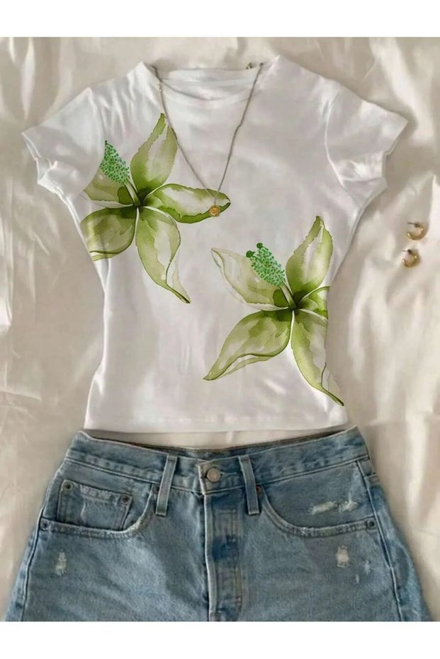 Women's Floral Printed Stretch Fabric Short Sleeve Body Tee Cropped