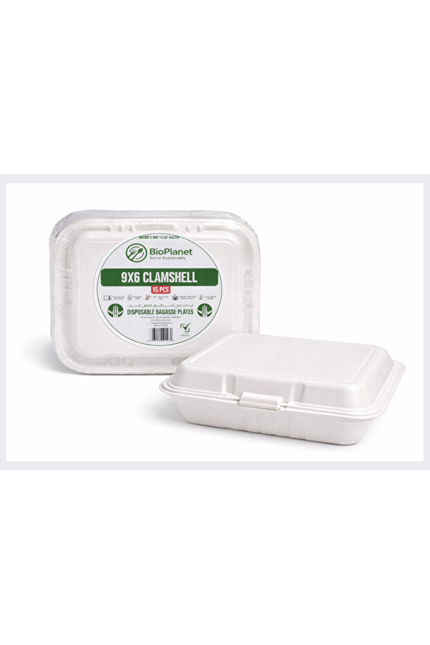 9x6 Inch Sugarcane Bagasse Clamshell, Pack of 15, Compostable Disposable Food Container for Takeaway, Food Delivery & Everyday Use