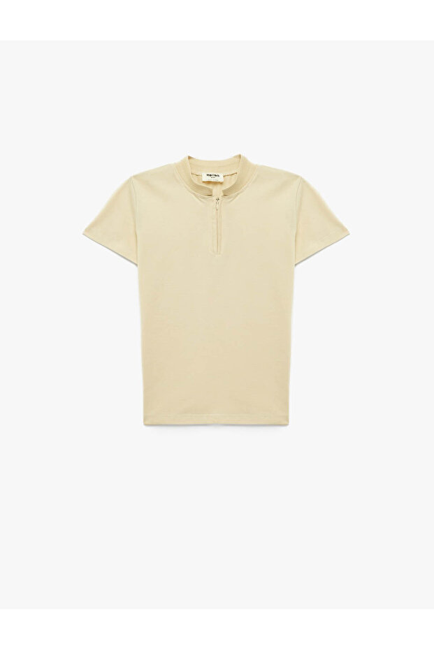 Cotton Zipper Detailed Short Sleeve Polo Collar School T-Shirt