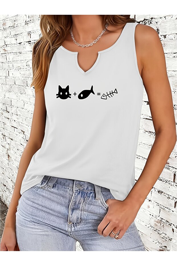 Women's Cat Printed Half V-Neck Sleeveless Regular Fit Casual T-Shirt