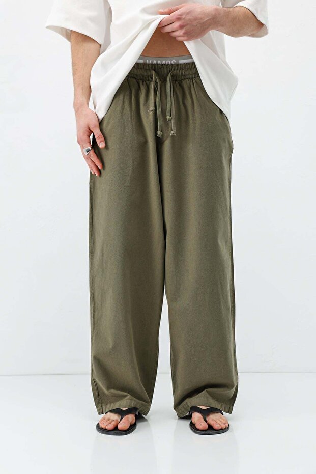 Super Baggy Fit Linen Trousers Khaki