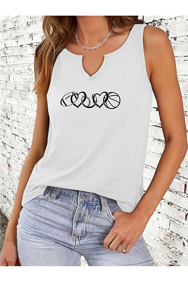 Women's Heart Printed Half V-Neck Sleeveless Regular Fit Casual T-Shirt