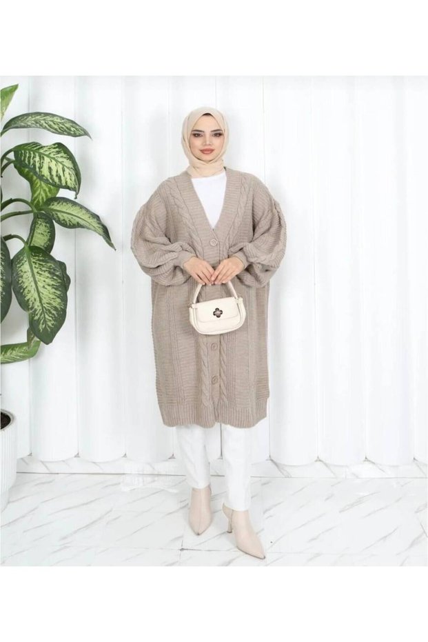 Hair Braided Balloon Sleeve Knitwear Cardigan