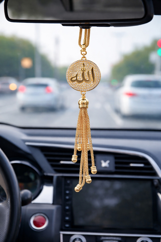 Allah Muhammed Written Stone Rear View Mirror Ornament Gold Black Premium Special Collection