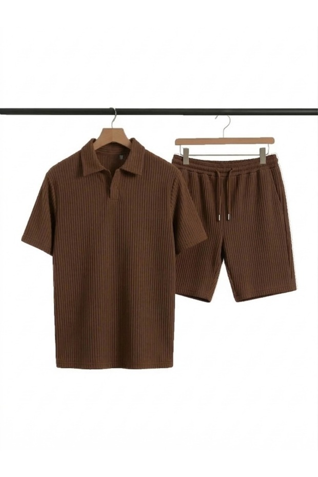 Men's Brown Ottoman Fabric Shorts Suit Fit Polo Collar Casual