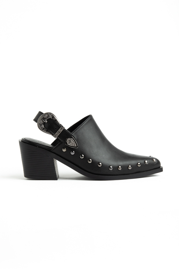 Black Matte Leather Buckled Pin Detail Closed Front Open Back Western Cowboy Sandals Shoes