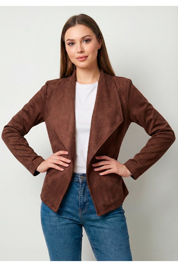Women's Stone Color Suede Textured Blazer Coat Casual and Daily Office Style