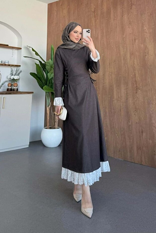 Lace-Detail Denim Dress Brown