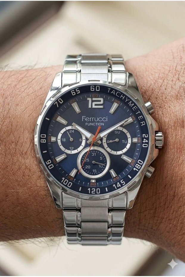 Silver Color Men's Wristwatch | 44mm Steel Case, Silver Steel Band, Navy Blue Dial