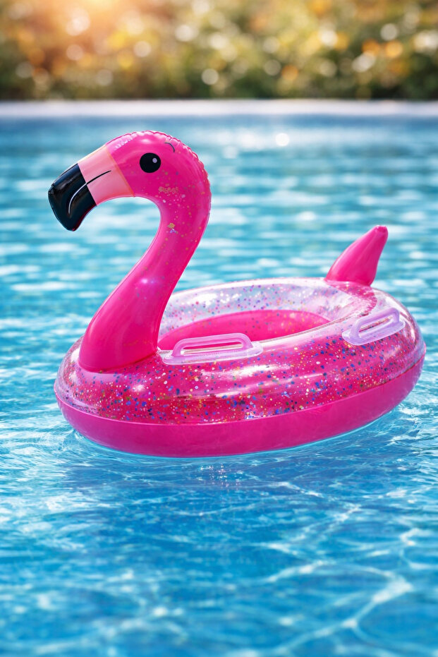 Fidan oyuncak Flamingo Figürlü Simli Çocuk Yüzme Simidi 65 cm – Tutmalı Şişme Havuz & Deniz Simidi