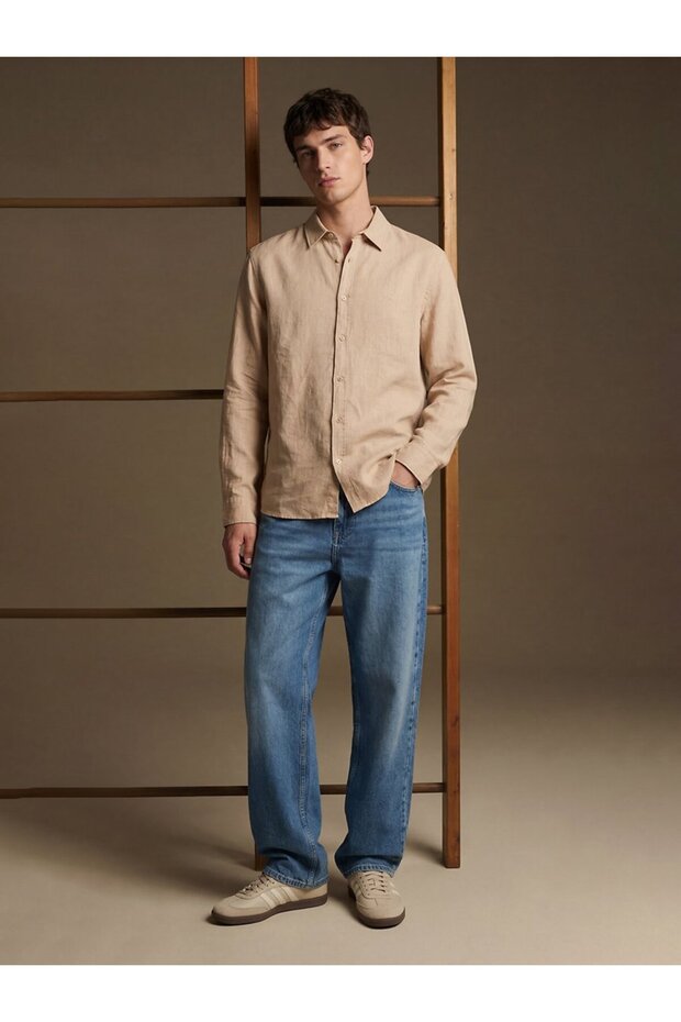 Uzun Kollu Basic Bej Gömlek - 1