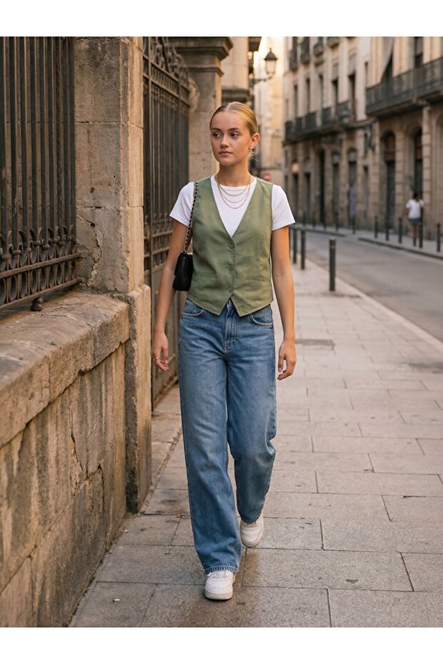 V Yaka Düğmeli Basic Yeşil Bluz - 4