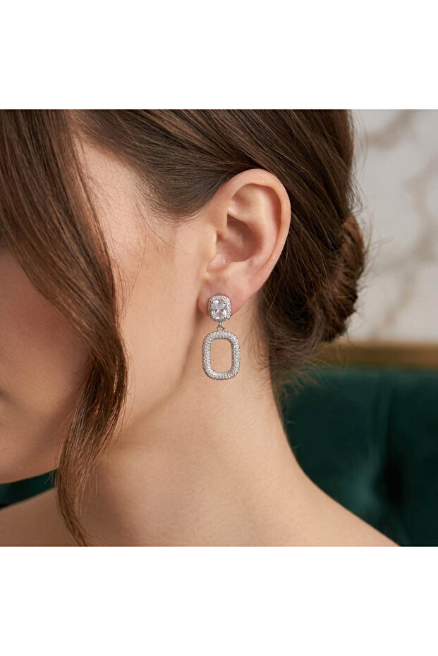 Silver Tone Geometric Drop Earrings – Cushion Stone + Sparkling Oval Frame