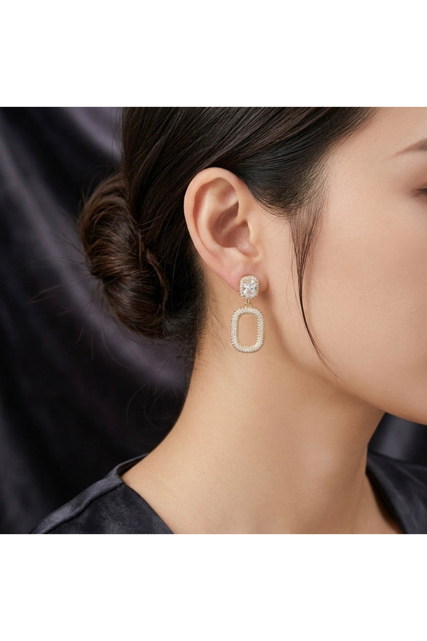 Gold Tone Geometric Drop Earrings – Cushion Stone + Sparkling Oval Frame