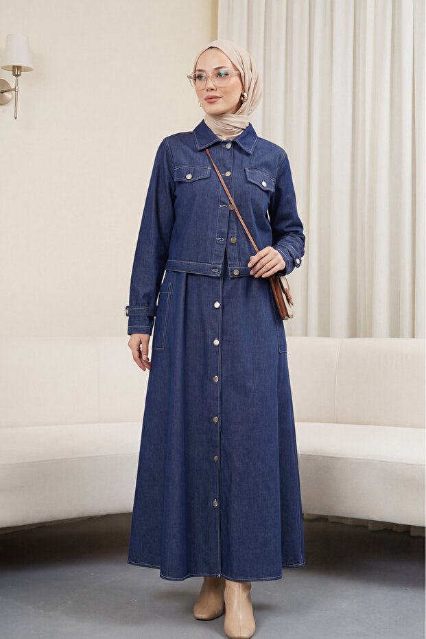 Yan Pocketed Half-Buttoned Jacket Gilet Jeans Set -Laci