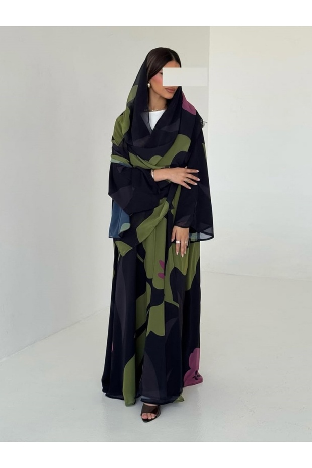 Flowing Chiffon Printed Front Open Abaya Set (With Headscarf ).
