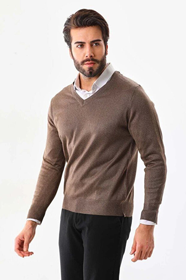 Men's v-neck sweater long sleeve plain knitwear - mink
