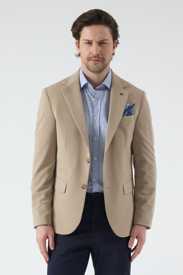 Pique Men's Dark Beige Half Lined Mono Collar Stretchy Poly Viscose Fabric Slim Fit Sports Blazer Jacket